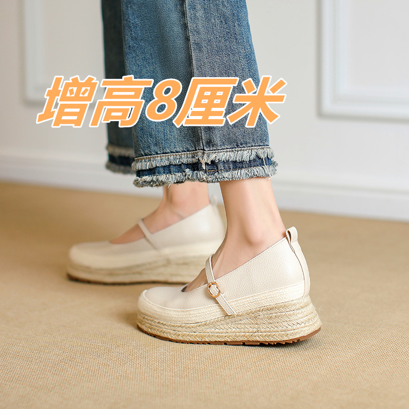 내부 높이가 증가한 끈 밑창의 어부 신발, 웨지 힐, 여성용 메리 제인 슈즈, 여성용 얕은 굽의 두꺼운 밑창 방수 플랫폼 밀짚 신발