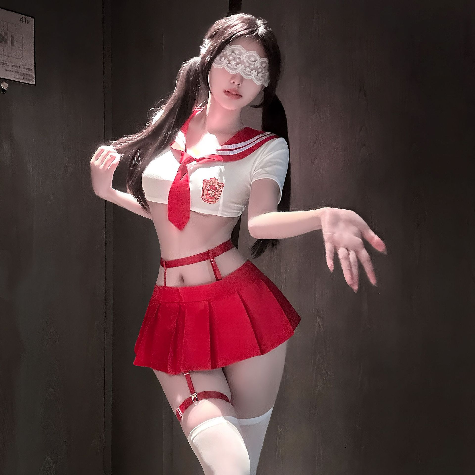 Japanese School-Style Sailor Costume Set with Pleated Skirt, Top, Leg Ring and Thong — detail image 2