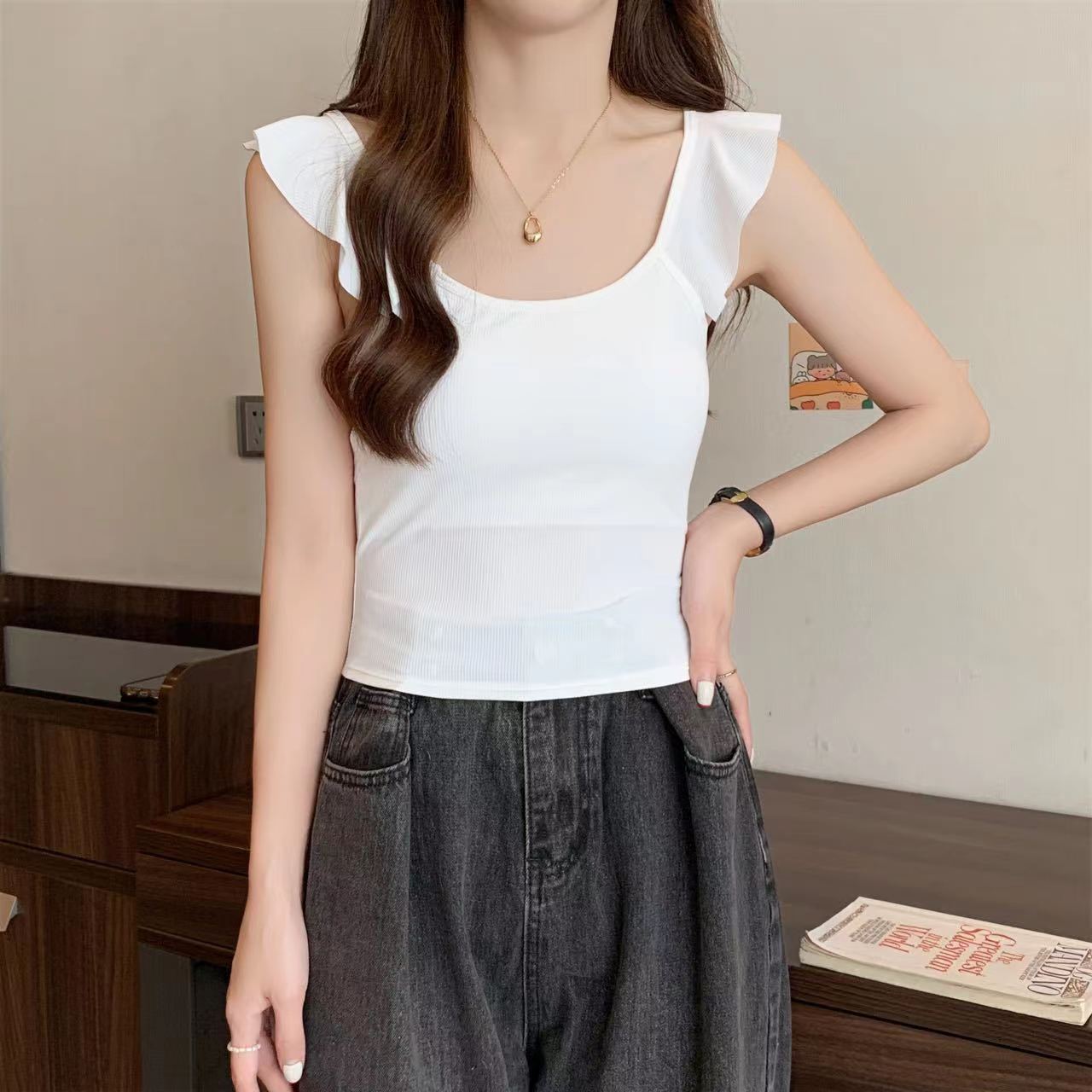 Summer new Ice Silk small flying sleeve camisole women with chest pad slim-fit beauty back tube top underwear bottoming top thin