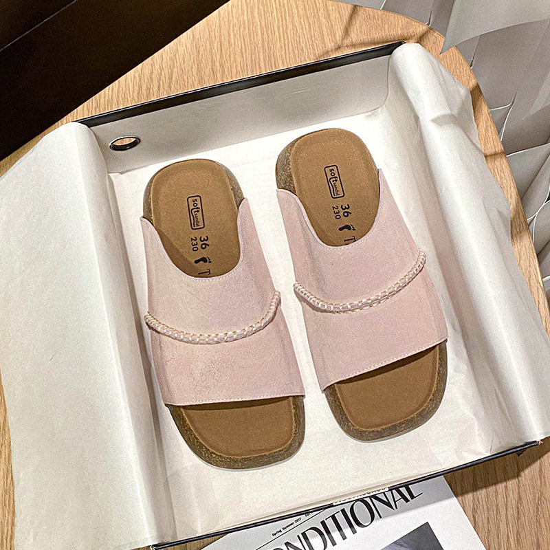 Dép sandal nữ quai ngang đế dày bằng gỗ bần, mũi vuông, đi ngoài trời — Màu khoai môn, Màu vàng gừng, Màu xám nhạt