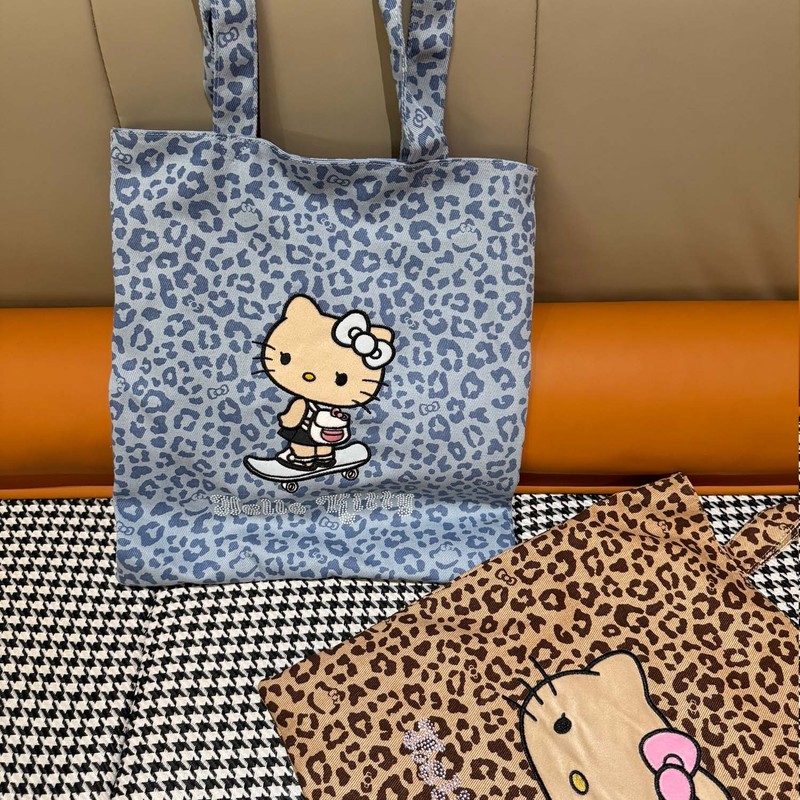 黑皮Hello Kitty全棉烫钻托特女士帆布大容量单肩包购物袋斜挎包|undefined