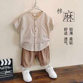 童装男童棉麻套装夏装2025新款儿童洋气两件套条纹宝宝夏天衣服潮