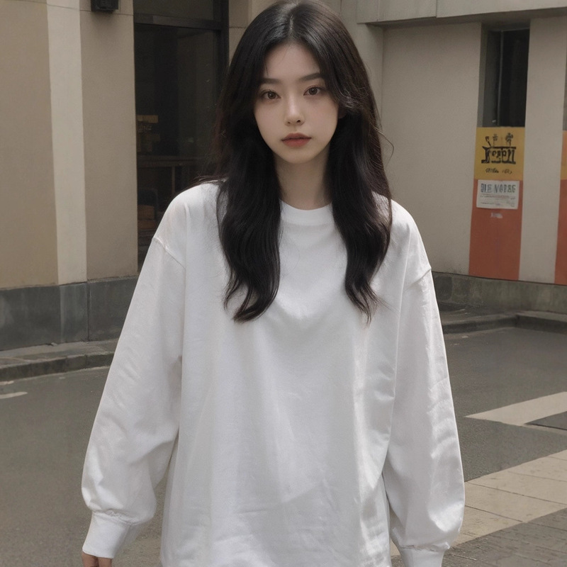 250g重磅圆领纯色长袖t恤女 通勤白色打底衫宽松早秋日系百搭上衣|undefined