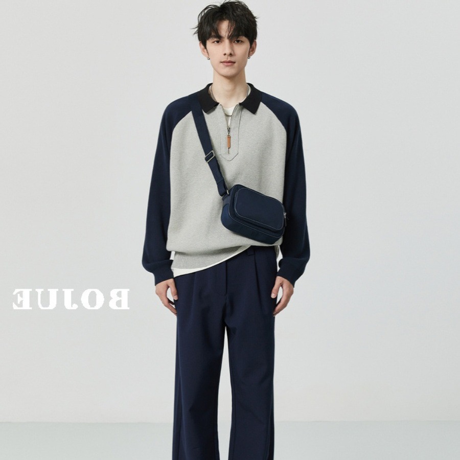 Otoño e invierno contraste color media cremallera Polo cuello suéter cálido manga larga superior suéter de los hombres de estilo coreano abrigo de los hombres