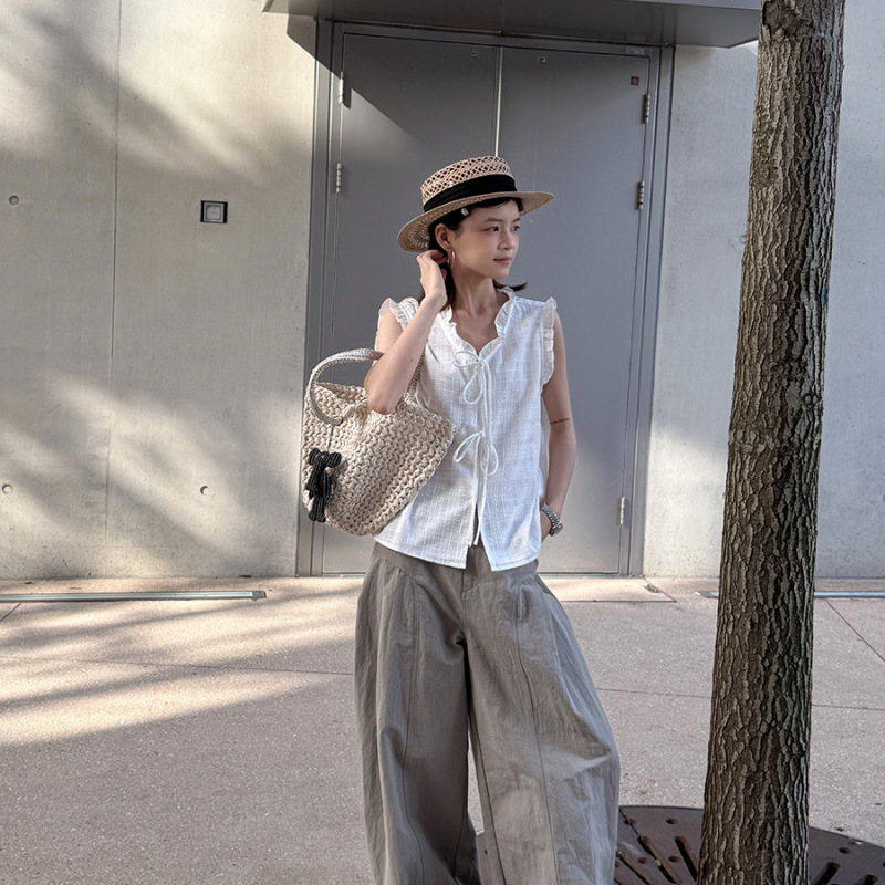 Lino Summer New Korean-Style Ruffled Tie Sleeveless Shirt for Women 2026 Stylish Sweet Youthful Vest Top