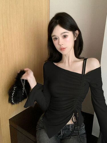Pure Desire Style Fashion Off-the-Shoulder Drawstring Long-Sleeve T-Shirt Glittering Women Asymmetrical Fitted Slimming Long-Sleeve Base Top