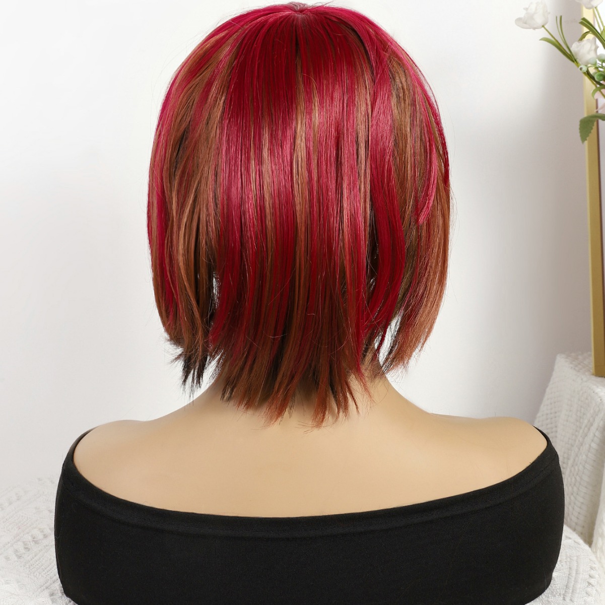 Transfronterizo nuevo marrón-rojo mezcla gradiente largo recto 12 pulgadas sin encaje pelucas europeas y brasileñas