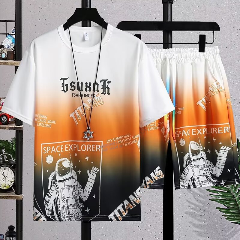 Gradient Casual Suit Summer Men's Ins Trendy Youth Sports Simple Versatile Breathable T-Shirt Shorts Two-Piece Set