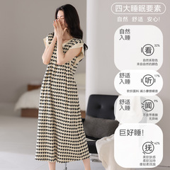 夏季带胸垫睡裙女纯棉背心连衣裙千鸟格休闲家居睡裙大码夏天长裙
