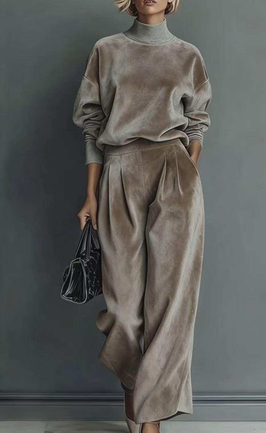 Damen Strick Zweiteiler Set Langarm Oberteil Und Weite Hose_voghion.com