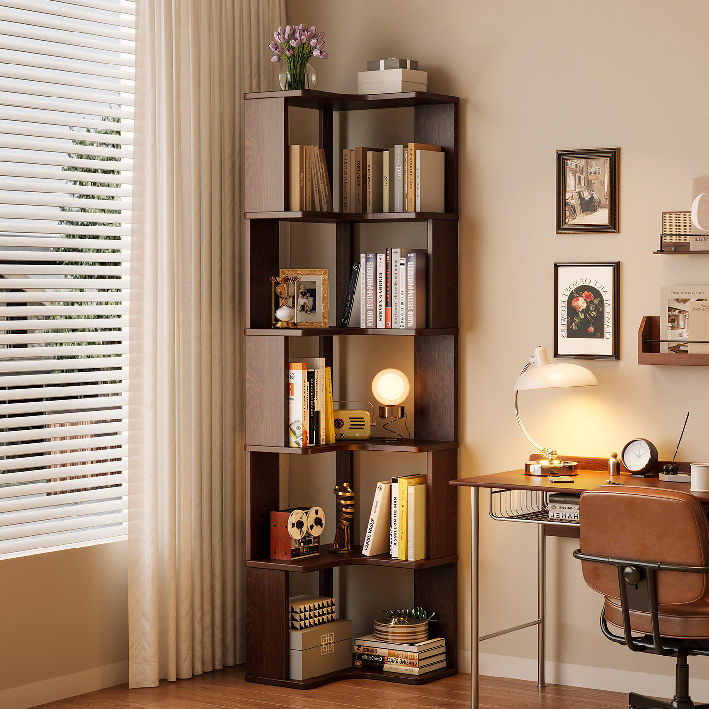 Solid Wood Corner Bookshelf Floor-Standing Storage Rack Home Living Room Corner Cabinet Corner Storage Rack Bedroom Corner Simple Bookcase