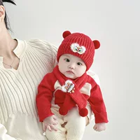 Красная праздничная новогодняя детская шапка Зимний теплый вязаный шарф набор для мужчин и женщин маленькая месячная шерстяная шапка