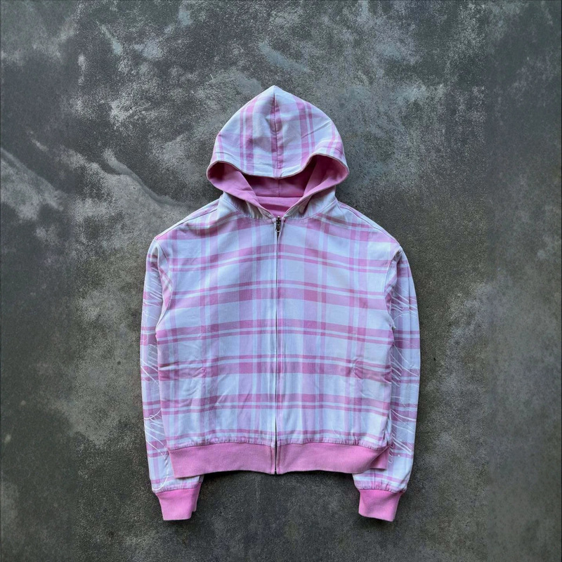 European and American Retro Pink Plaid Double-Sided Reversible Loose Zipper Fashion Casual Trendy Sweatshirt Y2K