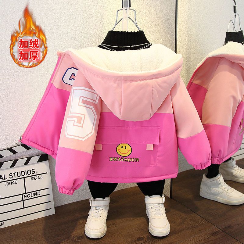 儿童派克服男童连帽卡通棉衣秋冬加绒加厚外套女童保暖风衣