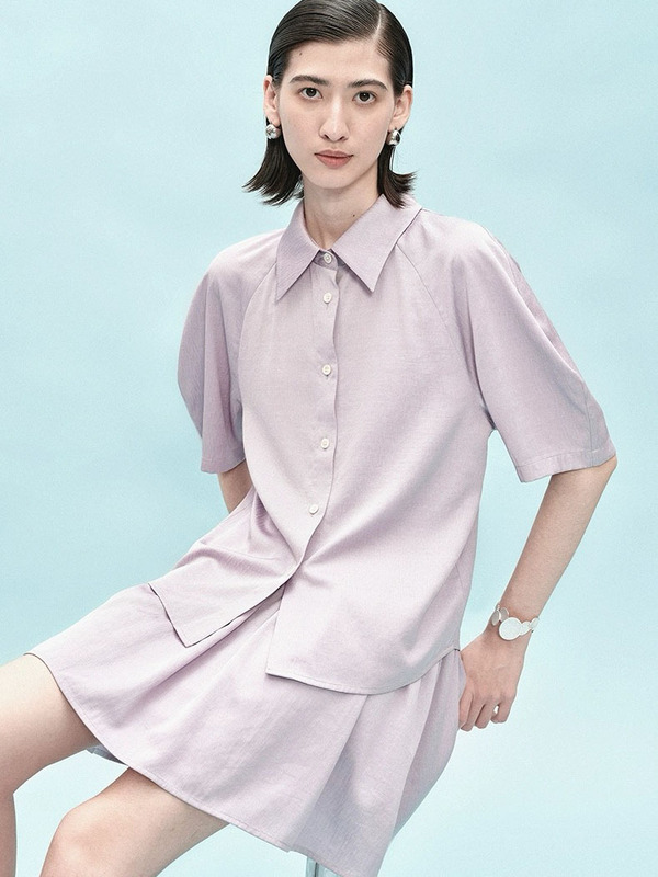 醋酸天丝混纺宽腰头短裙半身裙女2025夏新款爽滑褶皱半裙衬衣套装|undefined