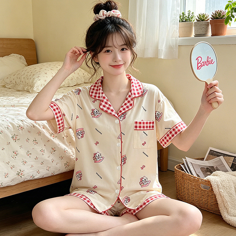 2026 New Summer Sweet Girl Style Imitation Cotton Short-Sleeve Two-Piece Set, Thin and Cute Cat Design, High-Value Loungewear 2026 New Summer Sweet Girl Style Imitation Cotton Short-Sleeve Two-Piece Set, Thin and Cute Cat Design, High-Value Loungewear