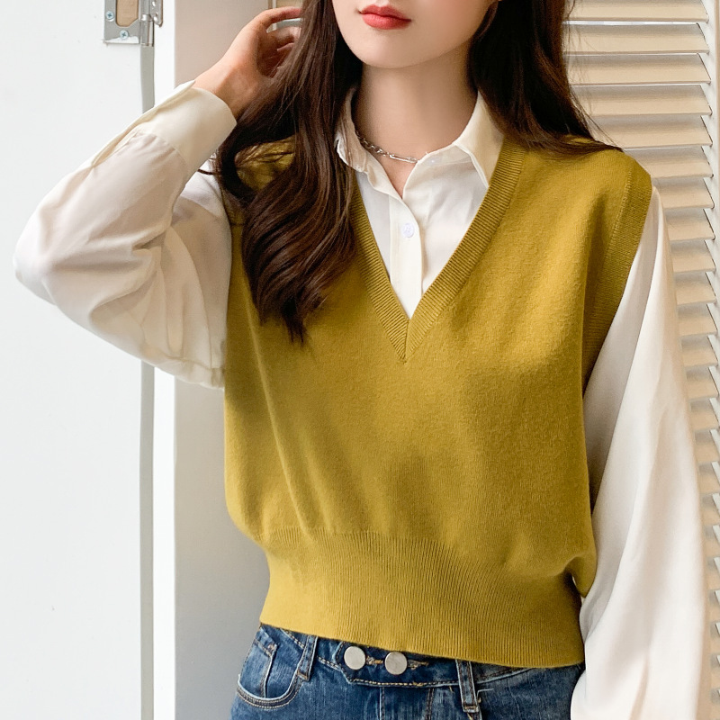 Short Casual Pullover Knitted Vest for Women Korean Style Preppy Style Korean Sweater Outer Vest Top Clothing Jacket