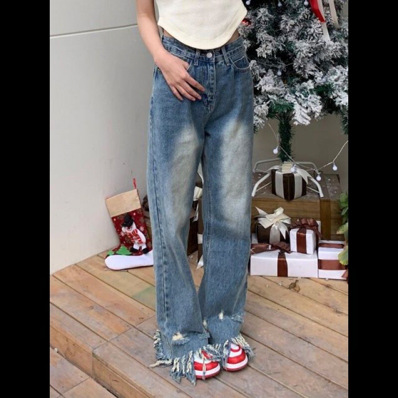 2024 chubby girl Ripped Edge Mop Pants Women's Spring Loose Wide Leg Design Straight Jeans