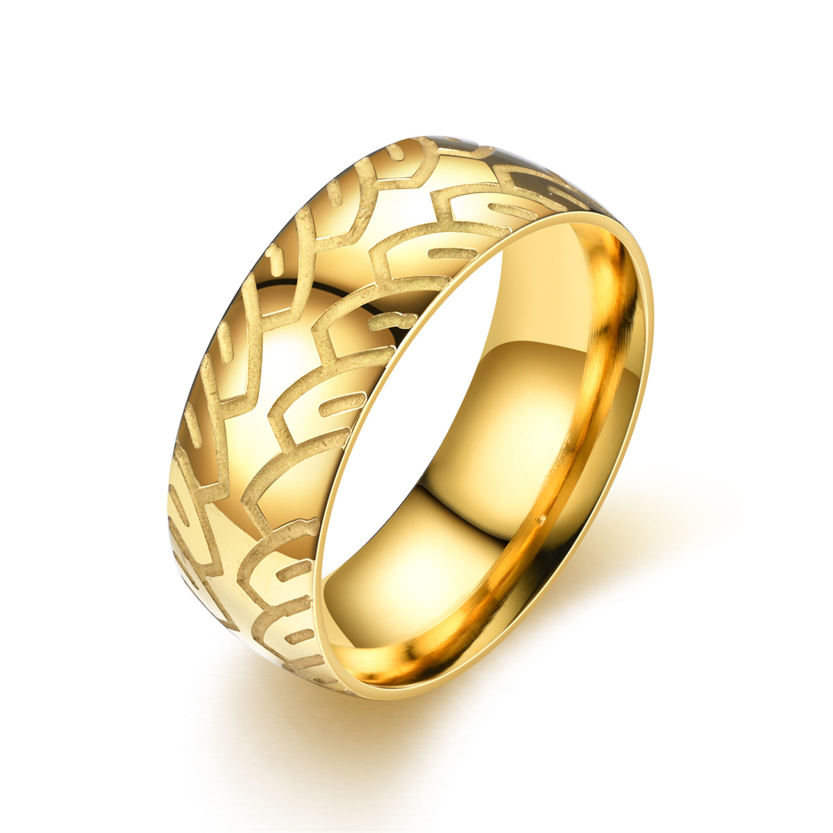 Vintage Men's Titanium Steel Ring With Carved Tyre Pattern 8mm_voghion.com