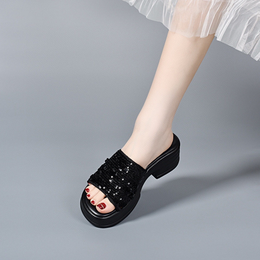 Dép sandal nữ quai chữ V đế dày gót thô phối sequin lấp lánh — màu đen