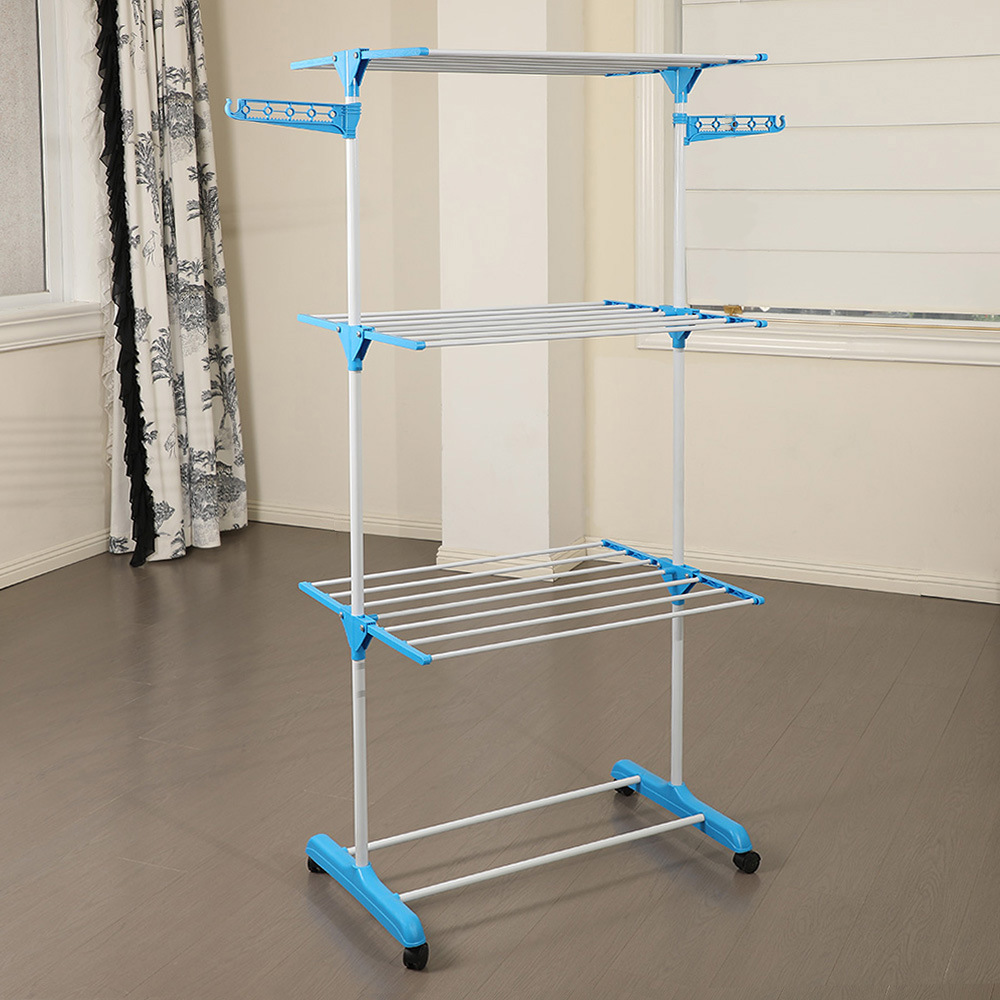 Rack de toallas con base plegable de doble columna rack de secado de ropa móvil interior y exterior rack de secado de ropa multifuncional de tres capas