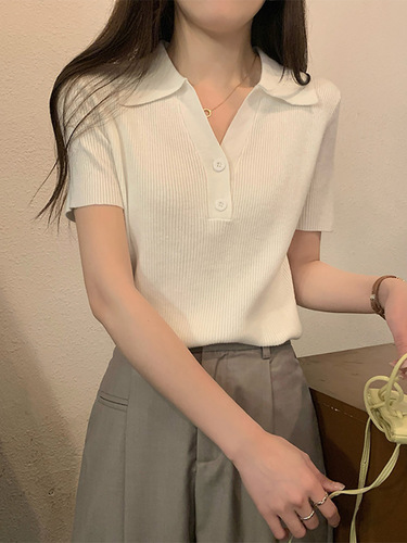 Summer 2025 New Polo Collared Pure Desire Button High-End Design Unique Short-Sleeve Ice Silk Knit Top