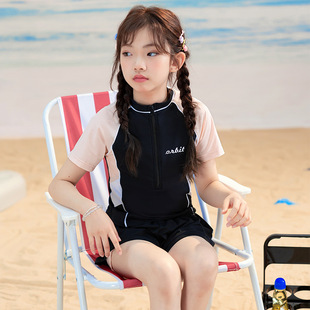 Girls Split Short-Sleeved Swimsuit Medium and Large Kidsren Girls 2025 Summer High-End Boxer Swimming Trunks Swimsuit Quick-Drying