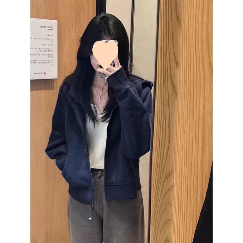 アメリカンレトロな小柄なショートフード付きスウェットシャツ薄手のコート女性の春と秋の新しいルーズカジュアルカーディガントップトレンディ|undefined