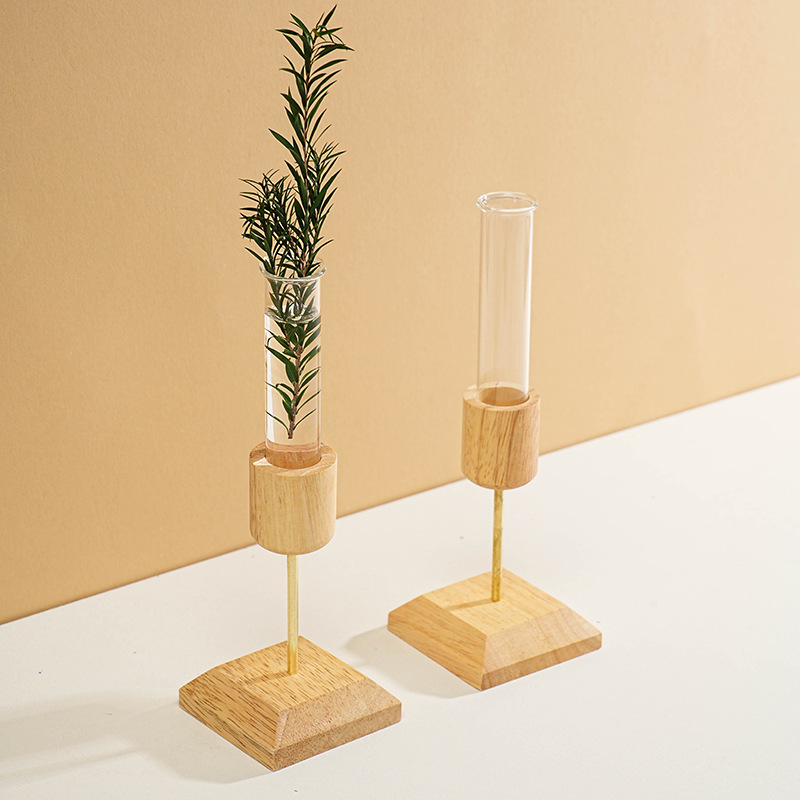 In-Stock Solid Wood Vase Creative Transparent Test Tube Glass Hydroponic Plant Flower Vase Desktop Decoration Home Simple Style