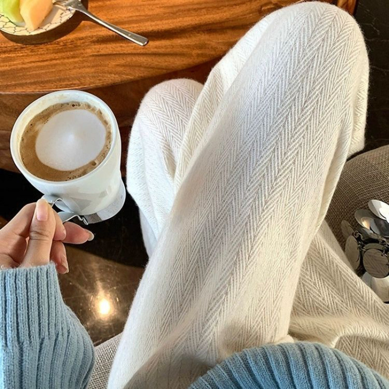 Look and see simple silhouette worsted pure wool knitted cardigan crocheted wide leg pants straight pants