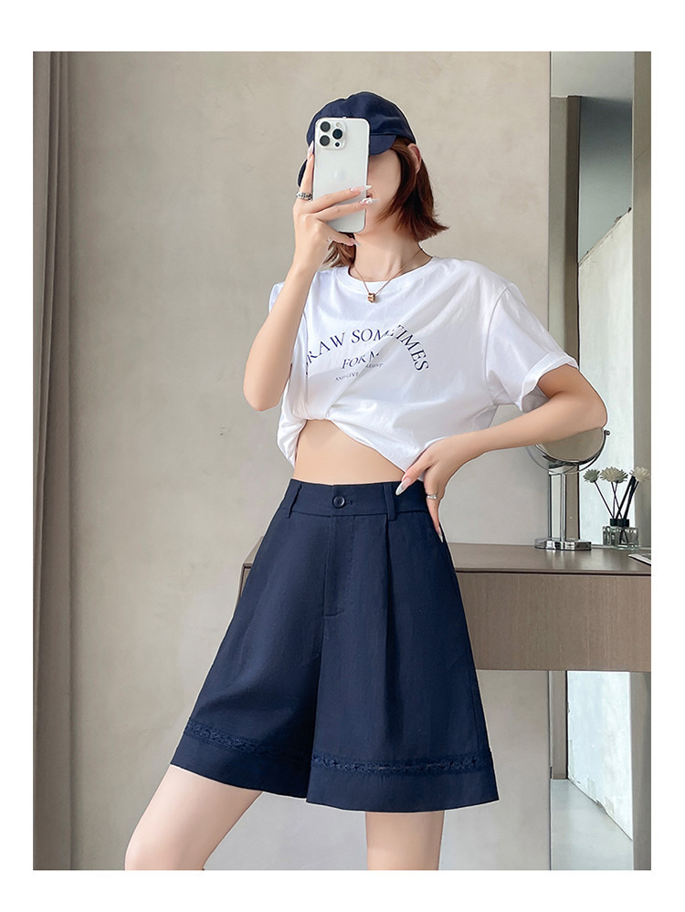 Quần short vải lanh nữ cạp cao ống rộng dáng chữ A — Xanh lông mòng đen chi tiết 47