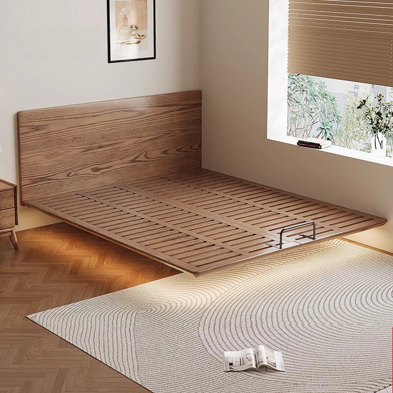 Full Solid Wood Ultra-thin Bed Head Suspension Bed Pure Solid Wood Bed Frame Small Apartment Ash Double Bed Modern Simple Master Bedroom