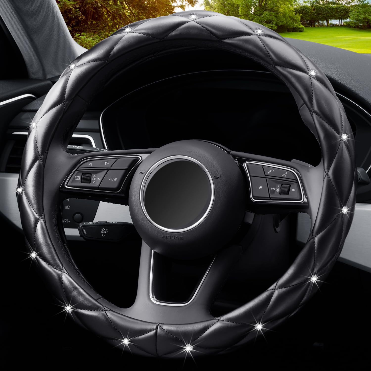 Factory Direct Sales Amazon Car Diamond-Studded Steering Wheel Cover, Universal for All Seasons, Soft Leather Anti-Slip Rhinestone Handle Cover