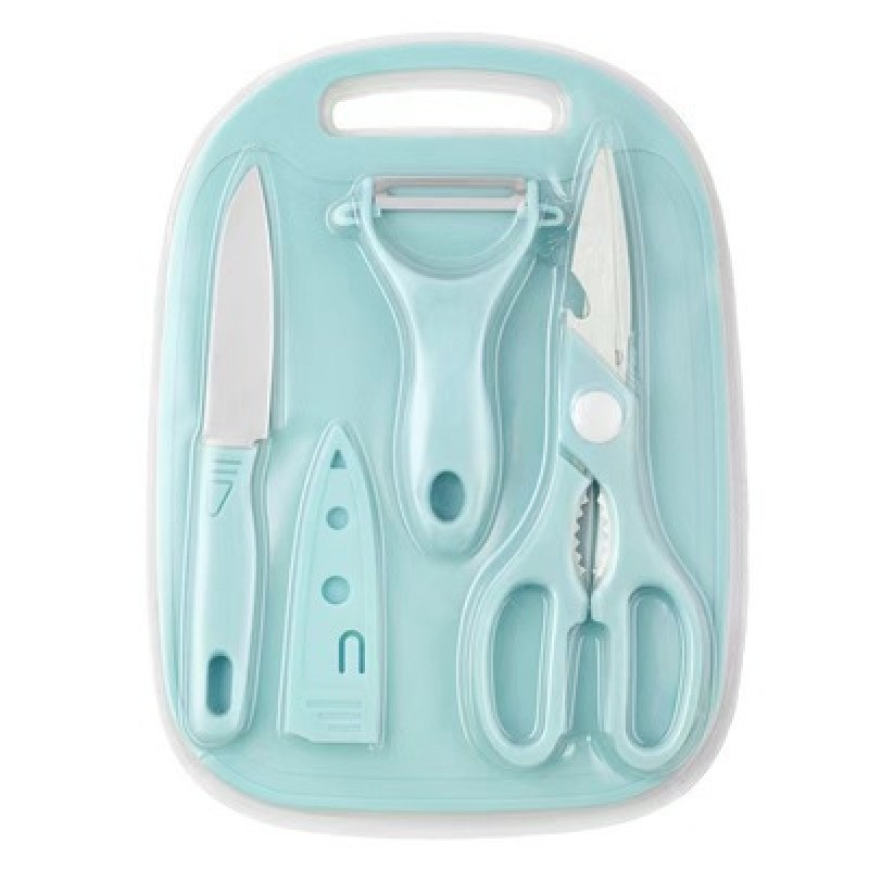 Juego de cuchillos de acero inoxidable Mini cuchillo para frutas, tijeras de cocina, cuchillo de cocina, juego de cuatro piezas, tabla de cortar de plástico para el hogar, stock