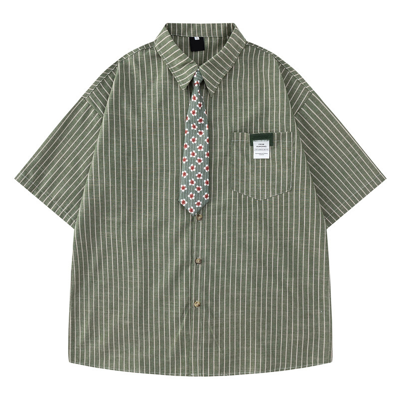 Academy Style Striped Tie Short-Sleeve Shirt for Men 2026 Summer Loose Couple Green Beach Cool Fashion Shirt