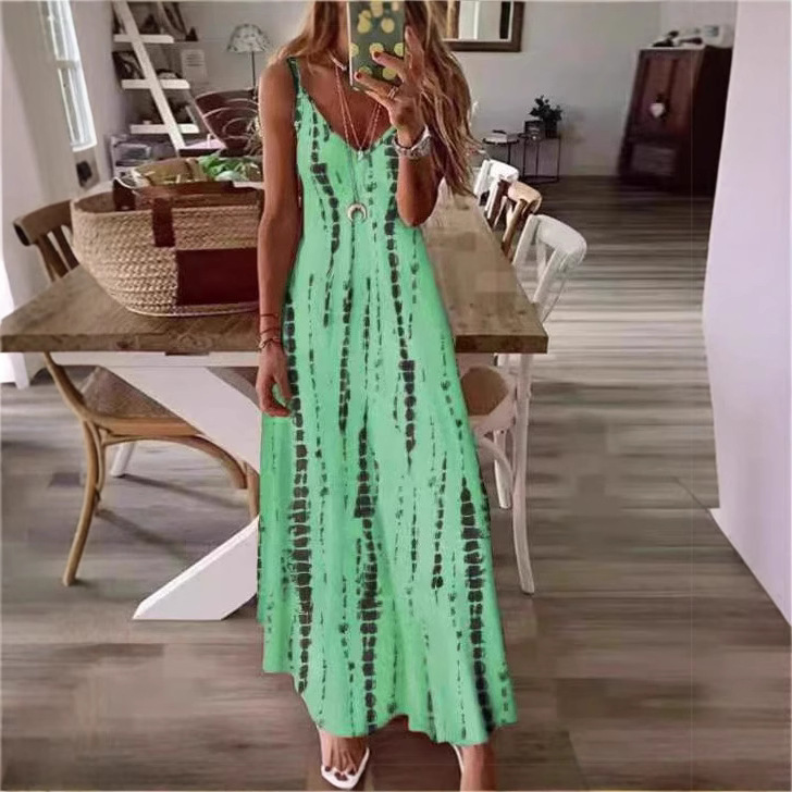 2025 Summer European and American New Sling dress wish Amazon Tie-Dye Printed Long Dress Casual Dress