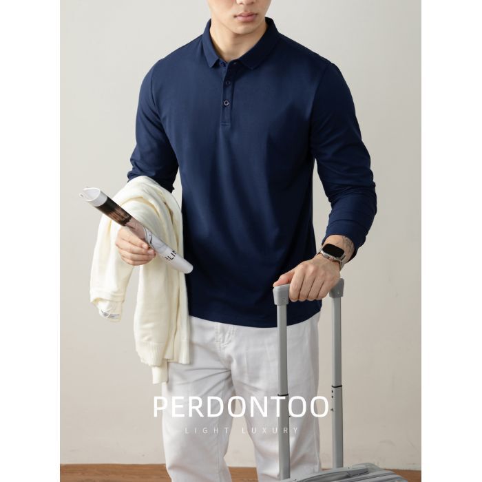 60S Pique Mercerized Cotton Classy Polo Shirt Men's Light Business Pure Color Autumn and Winter Lapel T-Shirt Breathable Skin-Friendly Bottoming Shirt