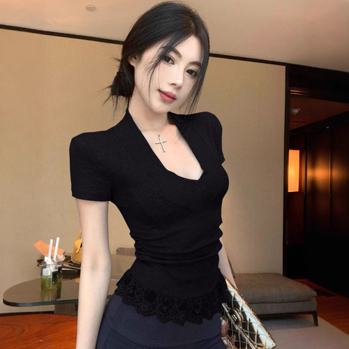Lace-embellished V-neck pure desire style short-sleeve T-shirt for women, summer slim-fit design