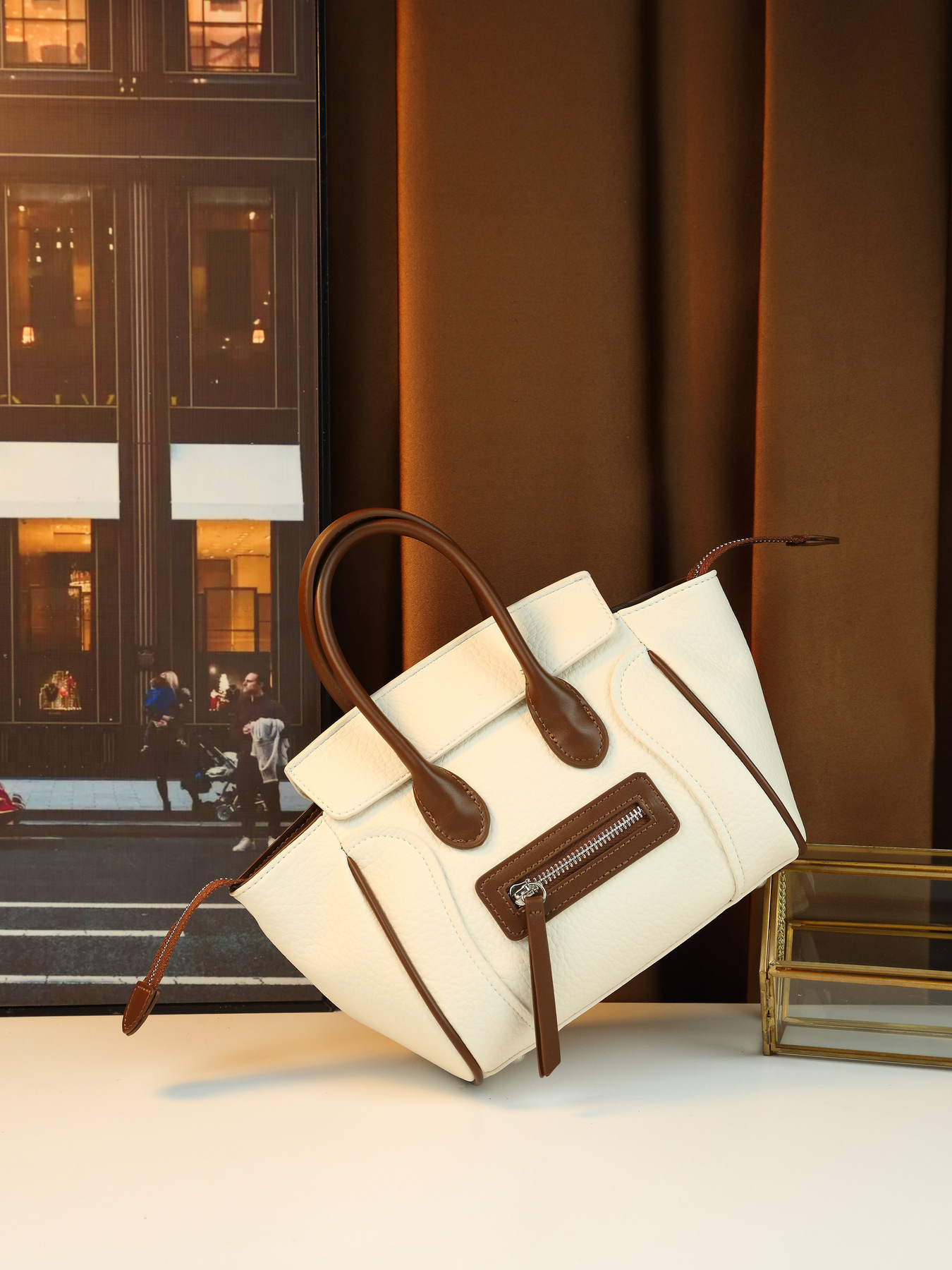 Women's Retro Colour Block Smiley Face Large Pu Leather Tote Bag_voghion.com