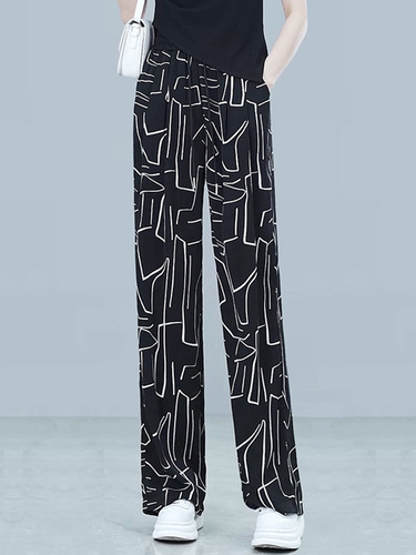 Mid-to-Old Age Mother Straight Leg Straight Leg Pants Quick-Drying Ice Silk Summer Thin Version Loose Chiffon Casual Fat Person Flowery Pants