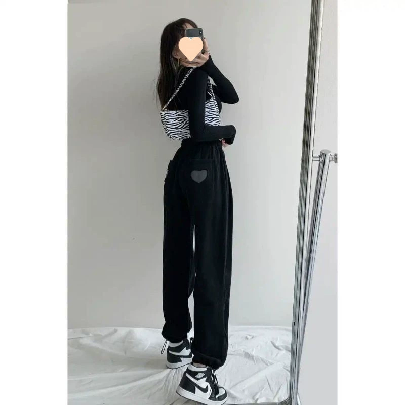 Autumn trousers for leisure, fitted, drawstring, loose straight fit