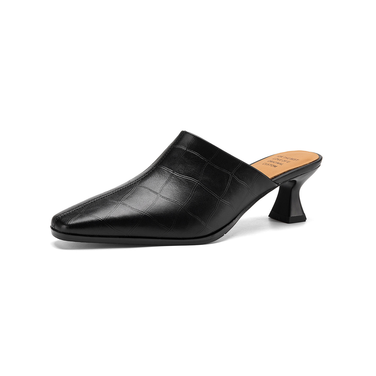 Dép sandal cao gót nữ mũi nhọn quai ngang da dê, gót 5 cm — đen