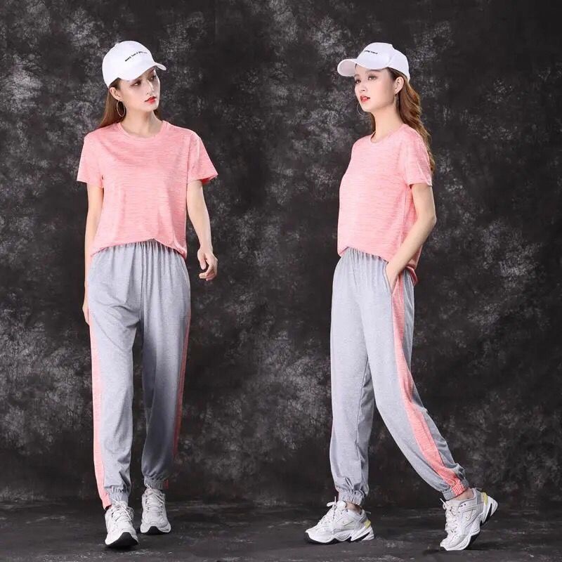 中國直郵 春夏款寬鬆大尺碼兩件式簡約時尚寬鬆短袖速乾運動套裝 粉紅色 均碼(80-140公斤)