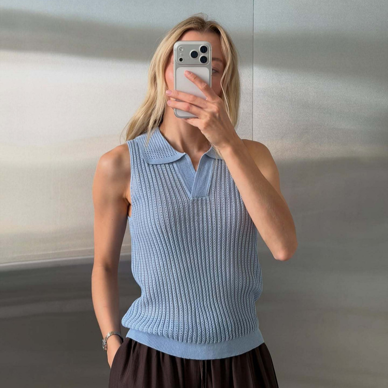 2026 Solid Color Polo Collar Knitted Sleeveless Vest for Women, Summer Ribbed Slim Fit, Simple Versatile Tank Top for Women 2026 Solid Color Polo Collar Knitted Sleeveless Vest for Women, Summer Ribbed Slim Fit, Simple Versatile Tank Top for Women