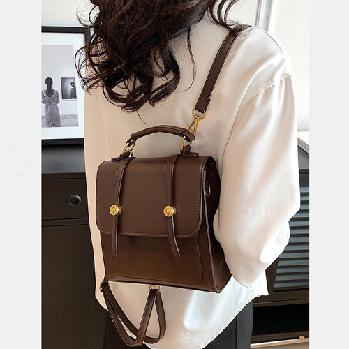 Niche American retro backpack British diagonal buckle small square bag commuter student brown small backpack new style