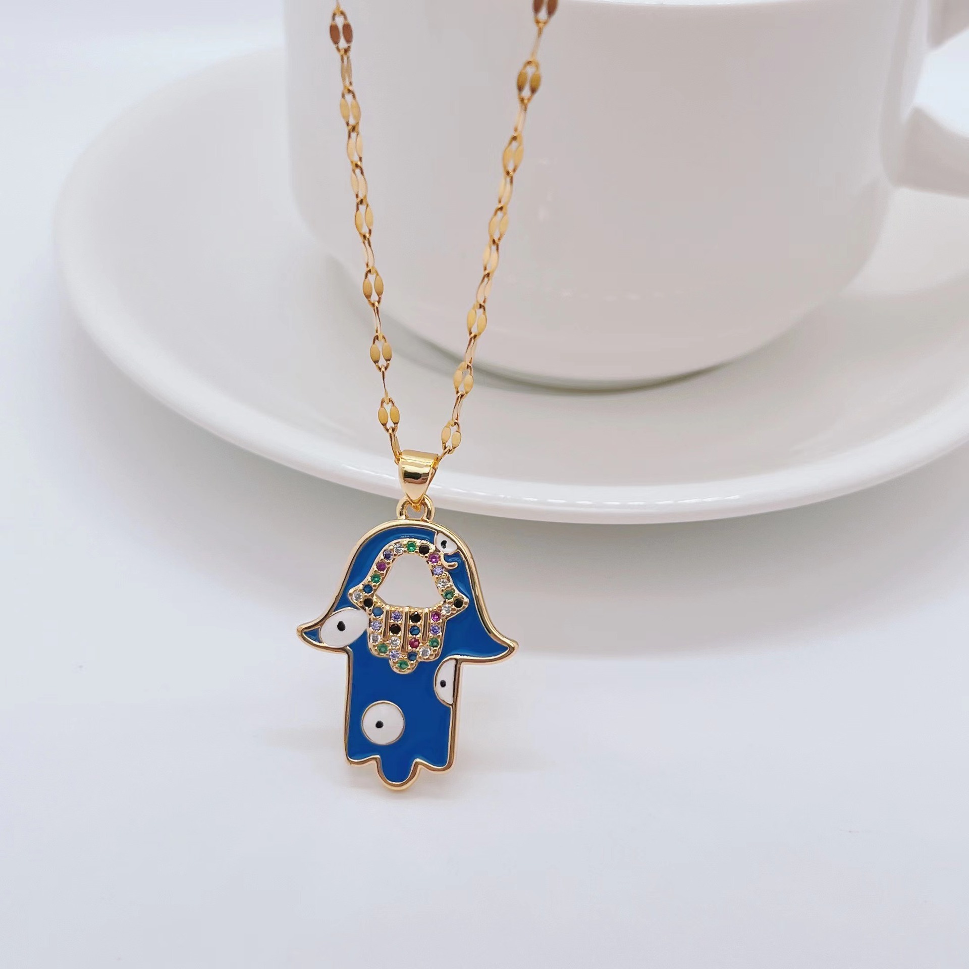 Retro Devilu0027S Eye Palm Titanium Steel Necklace Inlay Rhinestone Stainless Steel Necklaces