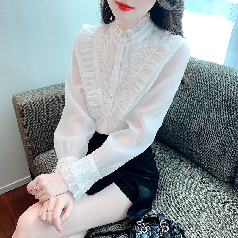 欧根纱长袖衬衫女2025秋季新款时尚设计感小众木耳边立领修身衬衣|undefined