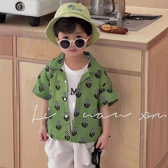 24夏新款男童花襯衣兒童豹紋度假風環保數碼印花上衣寶寶全棉短袖