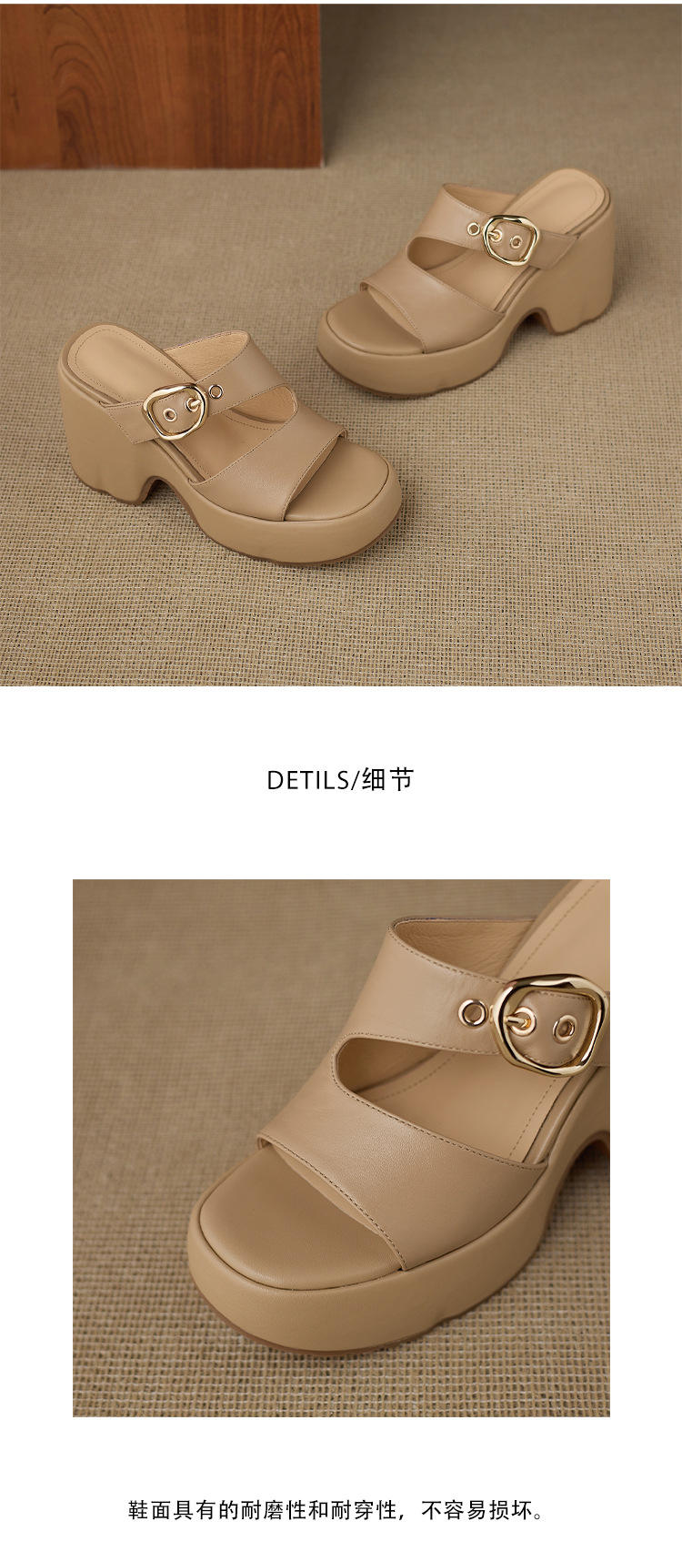 Dép sandal nữ đế xuồng cao 10cm da thật quai khóa mũi hở mùa hè — màu trắng ngà, màu mơ chi tiết 14