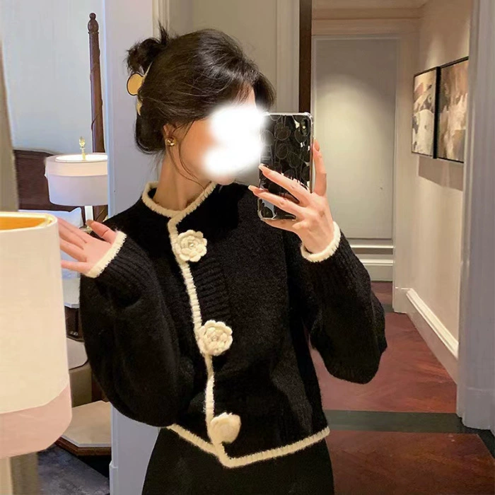 Women's Demi-Season Cardigan, Chanel-Style Chinese Design, White/Black, One Size
